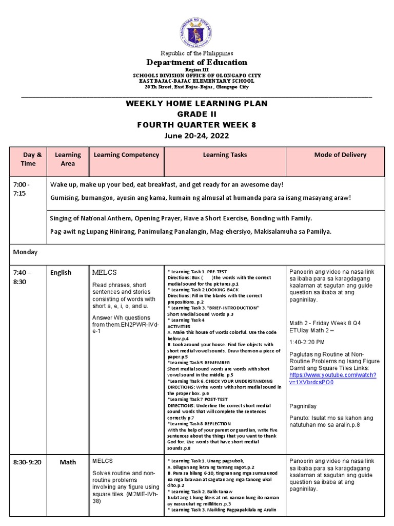 Department of Education: Weekly Home Learning Plan Grade Ii Fourth ...