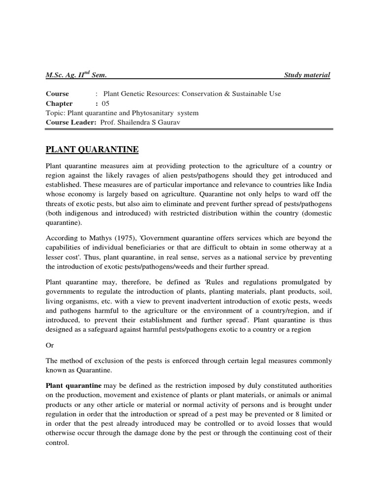 Plant Quarantine M.Sc. Ag. II PDF Pest Quarantine