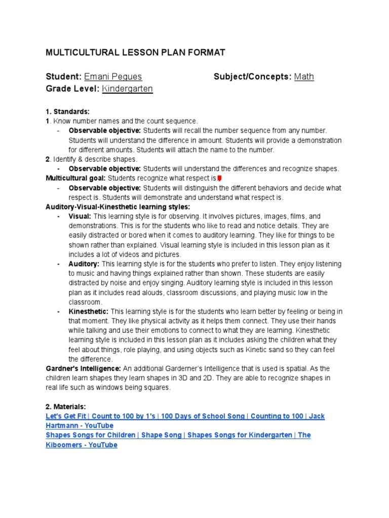 Kindergarten Multicultural Math Plan | PDF | Learning Styles | Lesson Plan