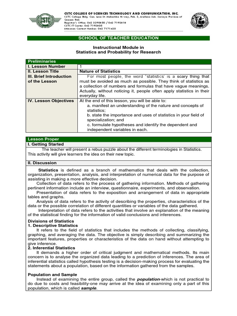 Instructional Module in Statistics and Probability For Research | PDF ...