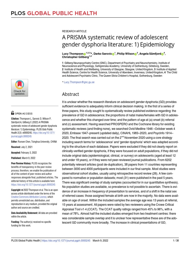 A PRISMA Systematic Review of Adolescent Gender Dysphoria Literature: 1 ...