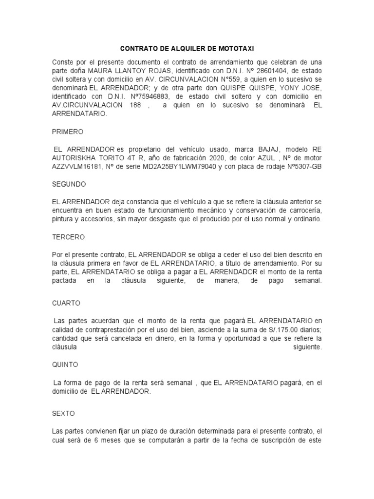 Contrato de Alquiler de Moto Taxi - Maura Llantoy Rojas | PDF ...