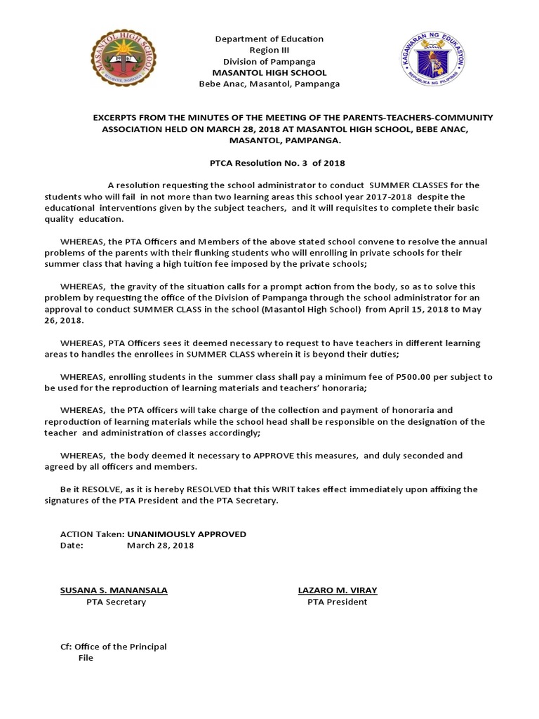 PTA Resolution for Summer Classes | PDF
