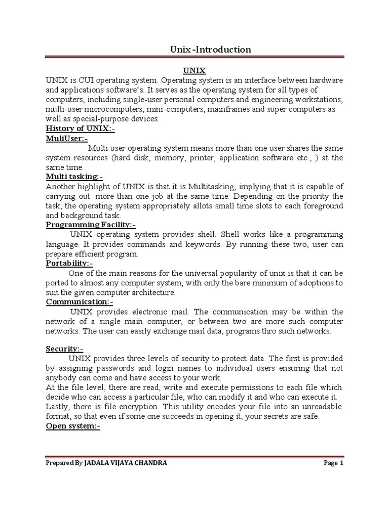 Unix - Introduction: Prepared by Jadala Vijaya Chandra | PDF ...