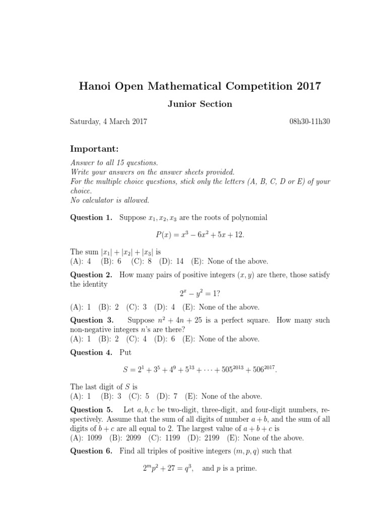 Hanoi Open Mathematical Competition 2017 Junior Section PDF