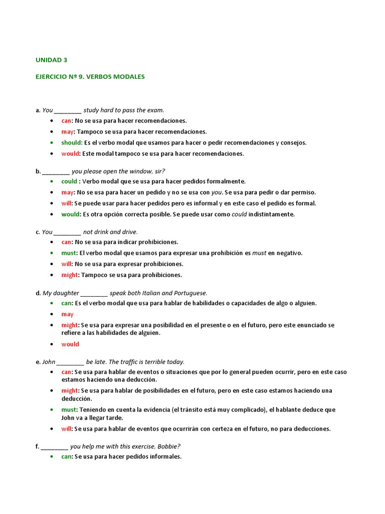 Ejercicios de Verbos Modales en Inglés | PDF | Lingüística