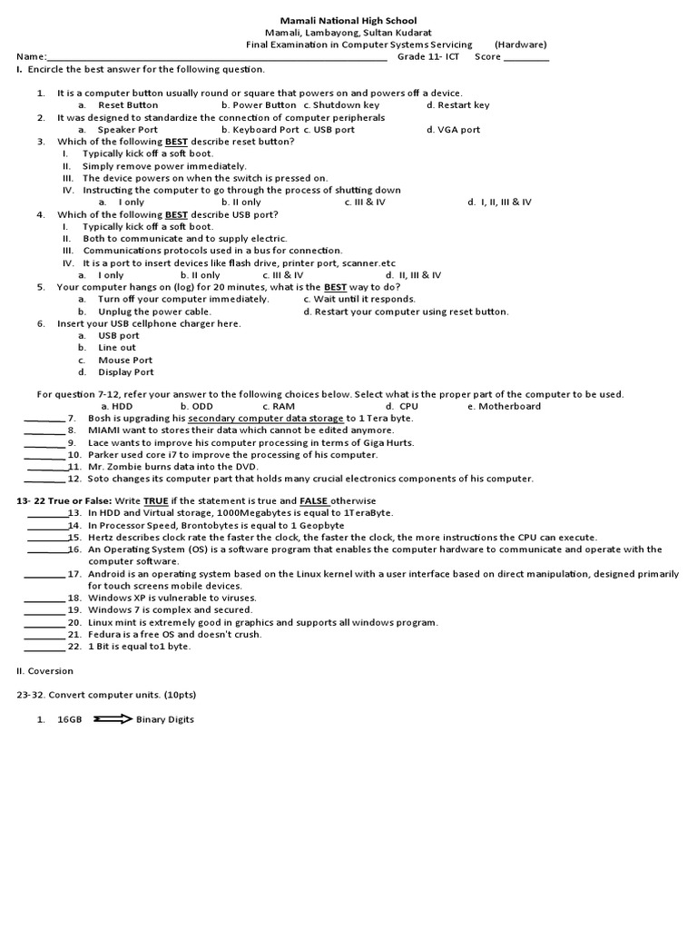 CSS Final Exam: Computer Systems Servicing | PDF | Operating System | Usb