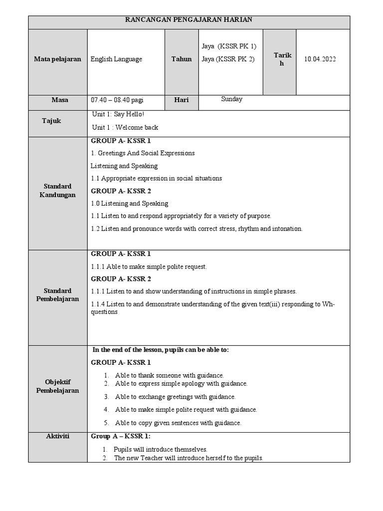 English KSSR 1 Class Jaya 10 April 2022 | PDF | Teachers | English Language