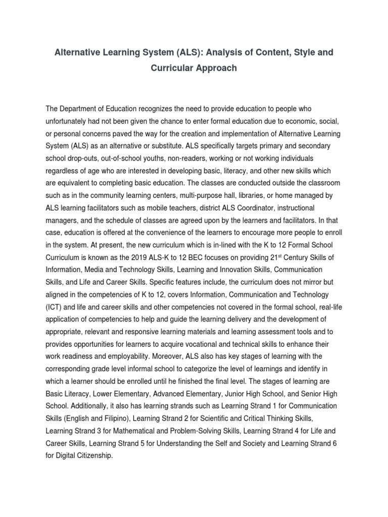 Analysis of the Alternative Learning System's Curricular Approach ...