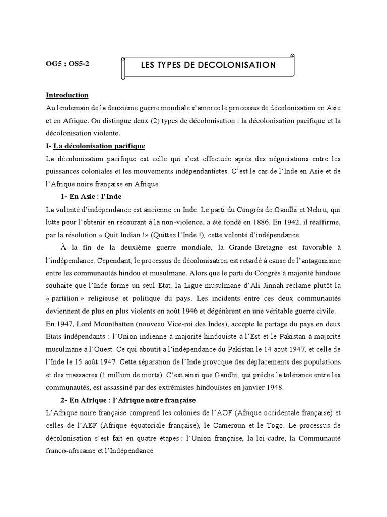Décolonisation en Asie et Afrique : 2 types | PDF | Partition des Indes ...