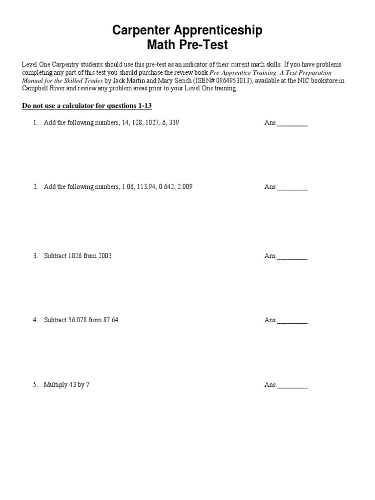 Carpenter Math Pre-Test Guide | PDF | Area | Circle