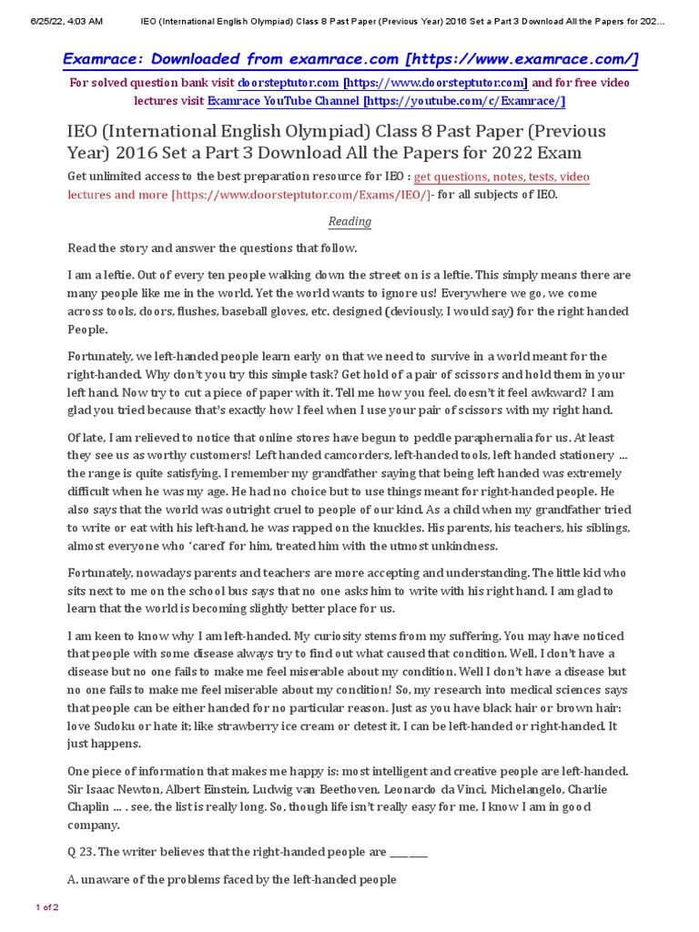IEO Class 8 Paper 2016 Set A Part 3 PDF Handedness