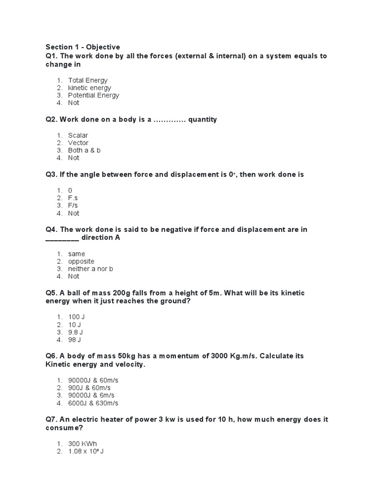 Test Paper of Work Energy and Power | PDF | Force | Potential Energy