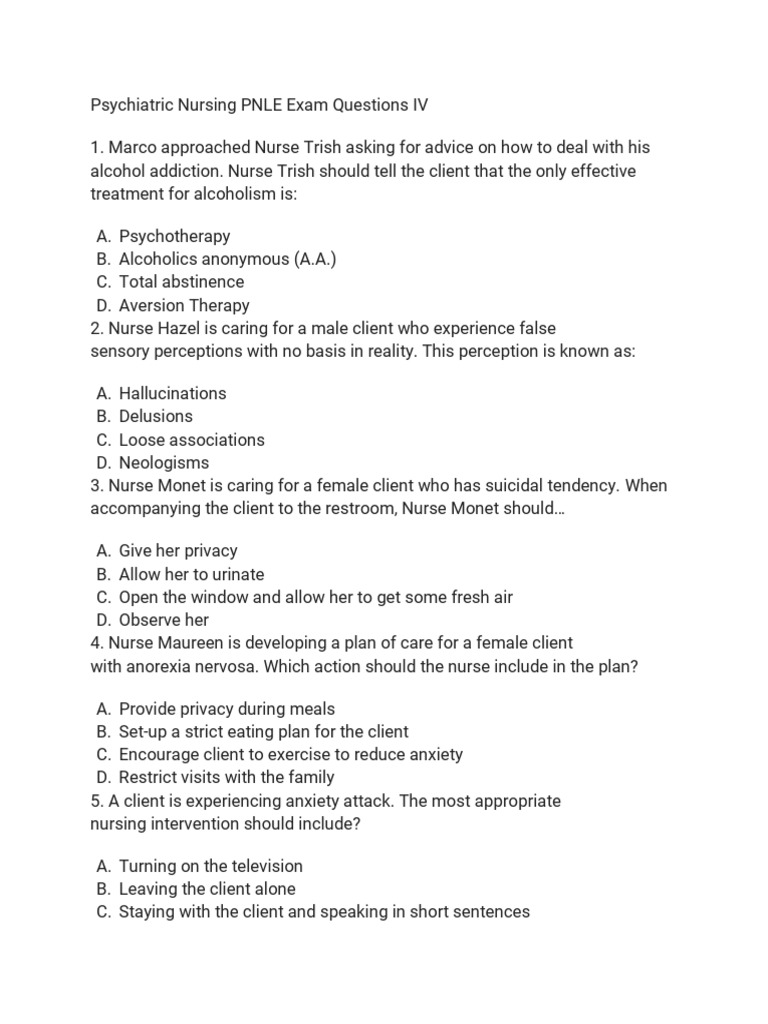 PNLE Psychiatric Nursing Exam Questions | PDF | Psychological Trauma ...