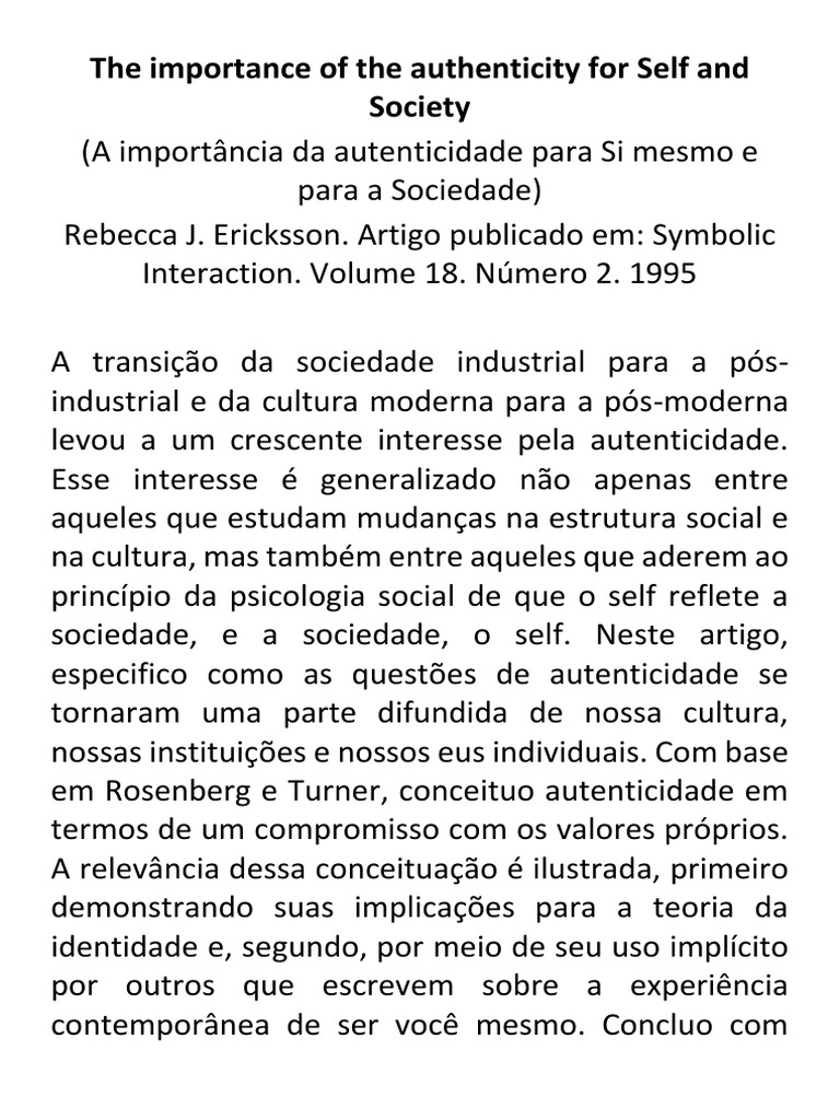 Autenticidade: Reflexões sobre o Eu e a Sociedade | PDF | Sociologia ...