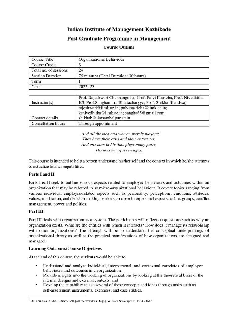 OB Course Outline 2022-2023 | PDF | Organizational Behavior | Behavior