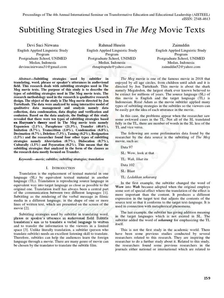 Subtitling Strategies Used in The Meg Movie Texts Devi Suci Nirwana Rahmad Husein Zainuddin PDF Translations Qualitative Research
