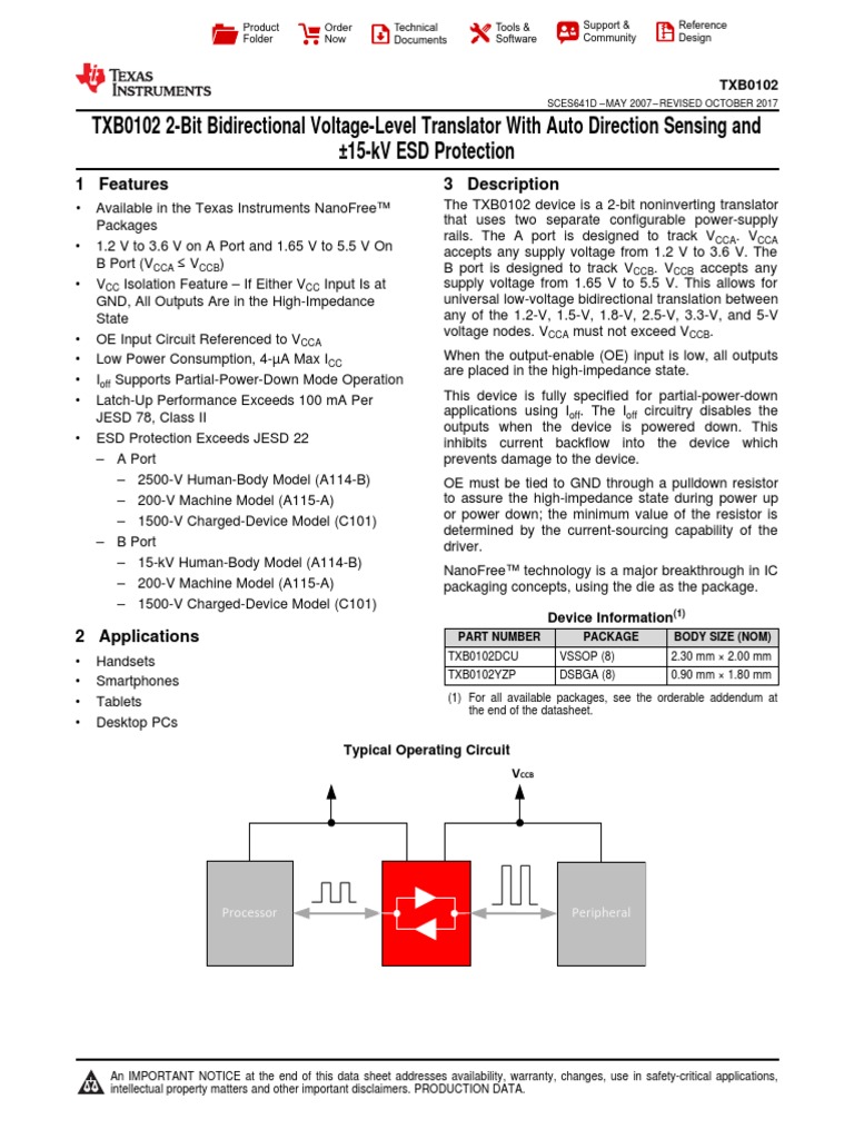 TXB0102 2Bit Bidirectional VoltageLevel Translator With Auto Direction Sensing and 15kV ESD