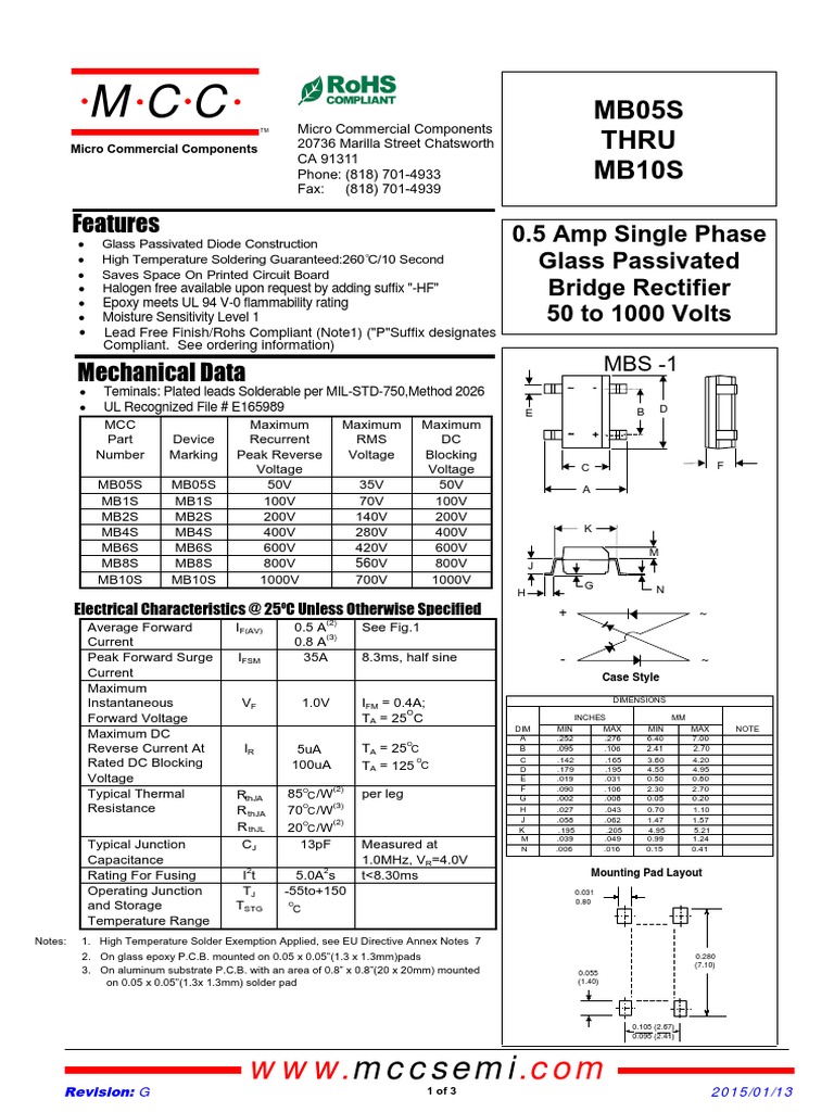 MB05S MB10S (MBS 1) | Download Free PDF | Rectifier | Equipment