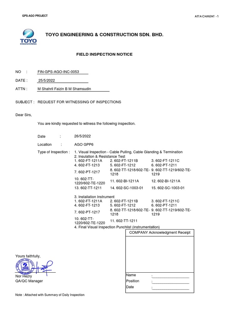 Toyo Engineering & Construction Sdn. BHD. Field Inspection Notice