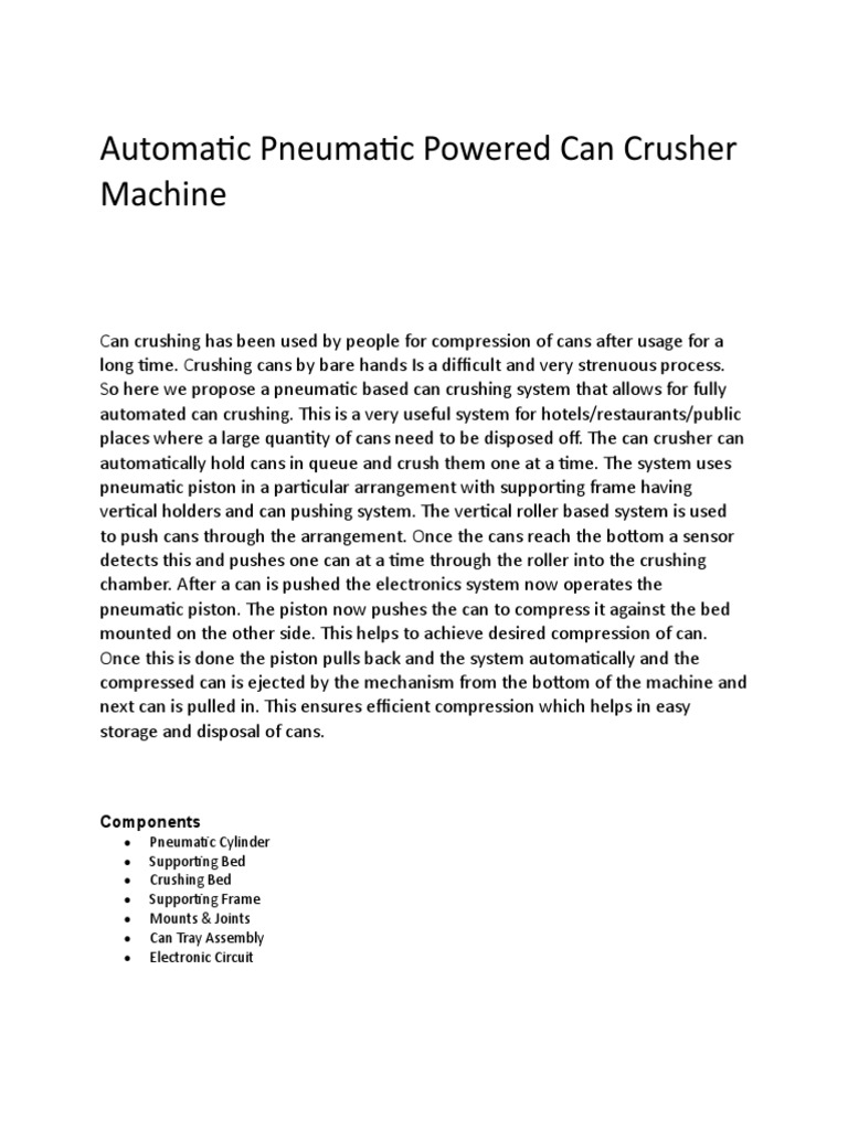 Automatic Pneumatic Powered Can Crusher Machine Components PDF