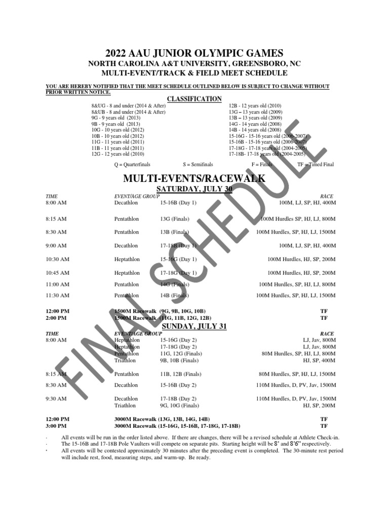 2022 Aau Junior Olympic Games Trackschedule PDF Track And Field