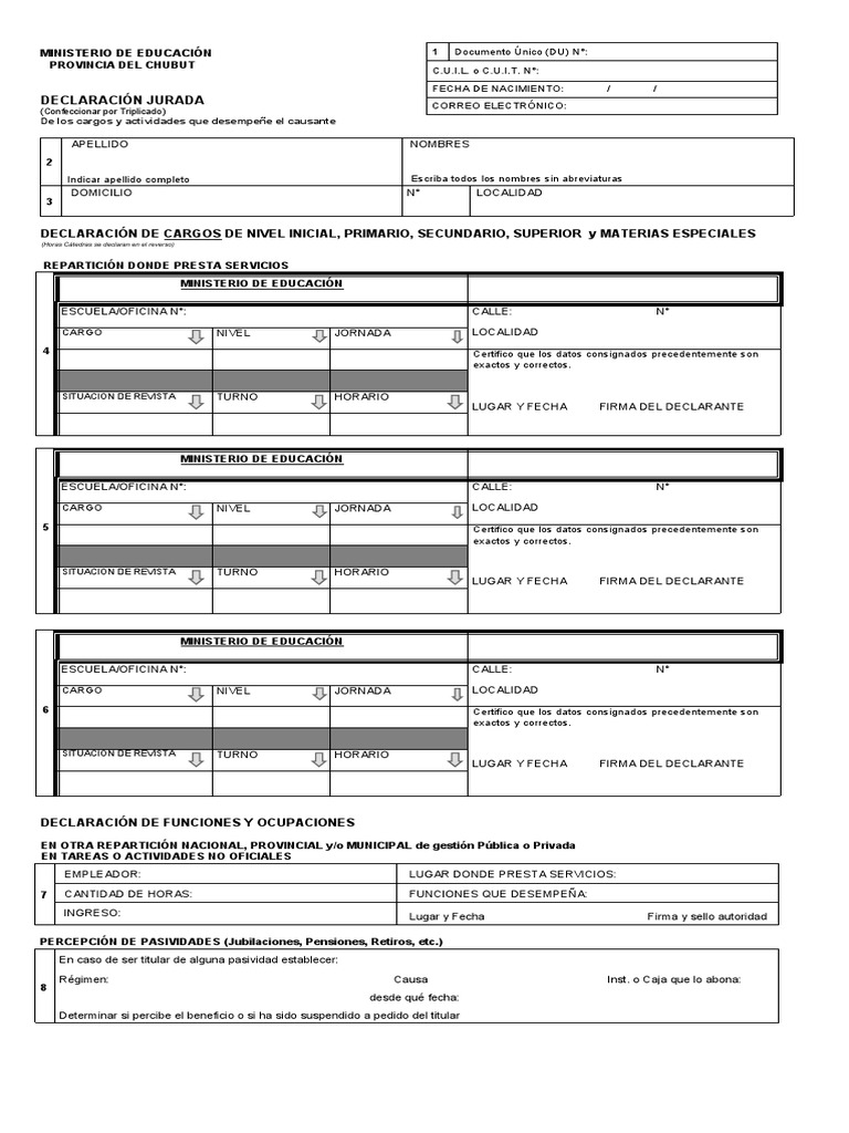 Declaración Jurada Docente Chubut | PDF