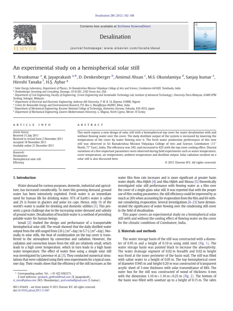 (Arunkumar, 2012) An Experimental Study On A Hemispherical Solar Still ...