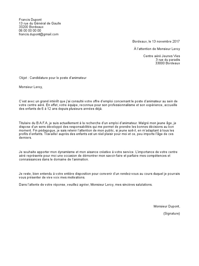 Lettre de Motivation Animateur PDF