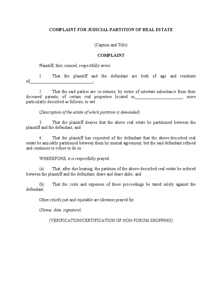 Complaint For Judicial Partition of Real Estate PDF