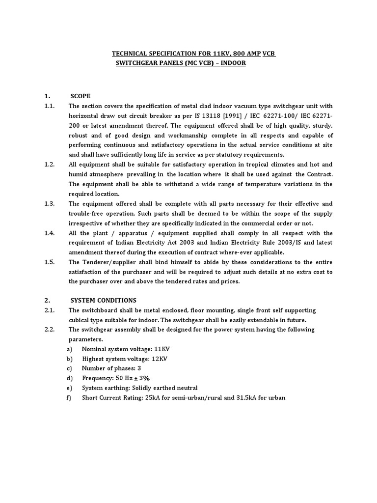 Specification 11kV VCB Panel - Indoor | PDF | Electrical Wiring | Fuse
