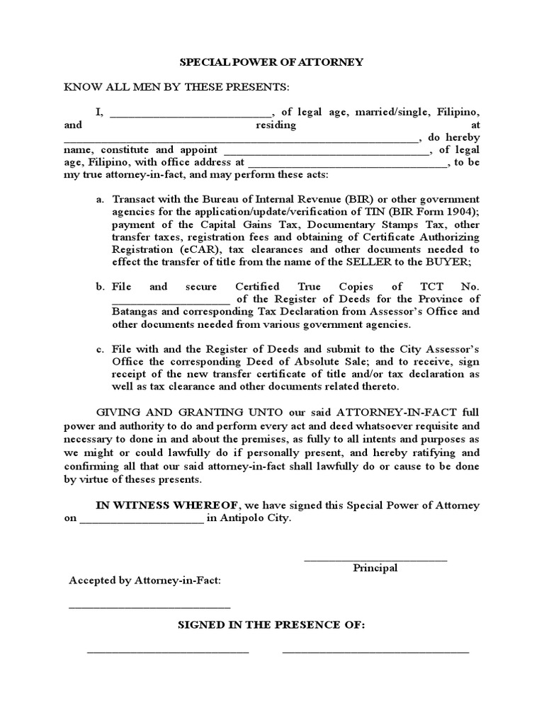 Special Power of Attorney | PDF | Power Of Attorney | Taxes