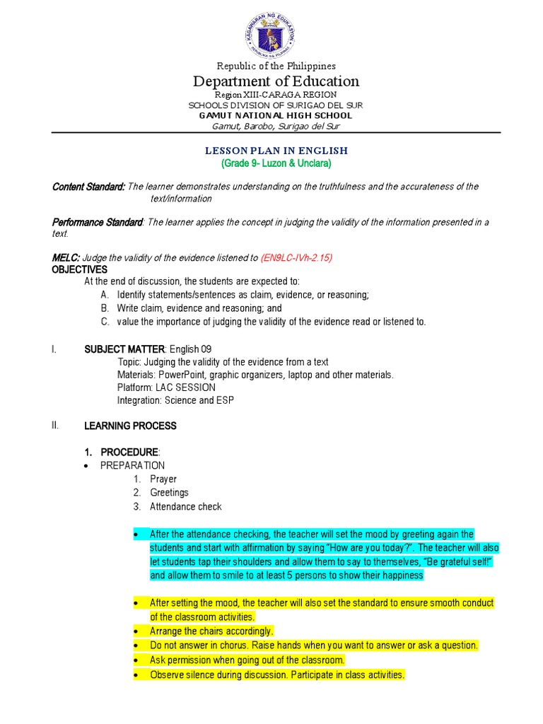 Annotated Lesson Plan for Grade 9 English | PDF | Argument | Reason