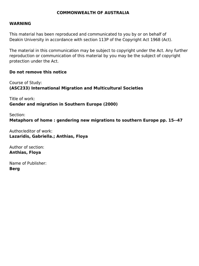 ASC233-Anthias Floya-Gender and Migration in Southern Europe Women On ...
