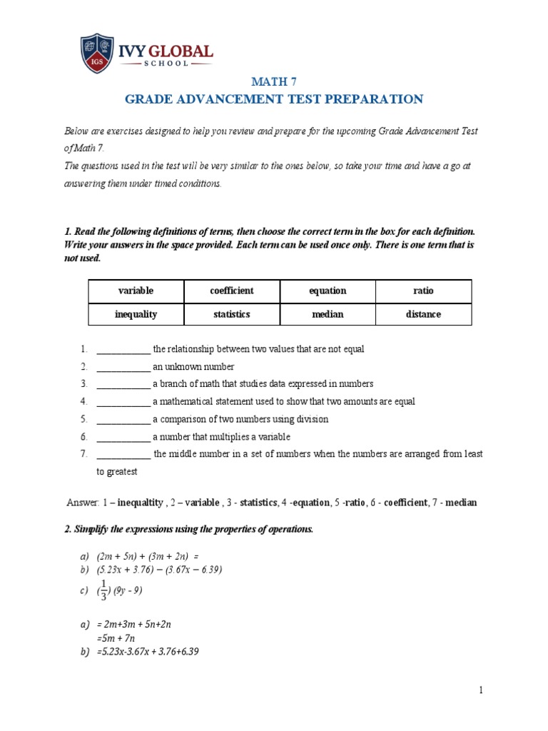 Math 7 Grade Advancement Test Prep | PDF | Mathematics | Median