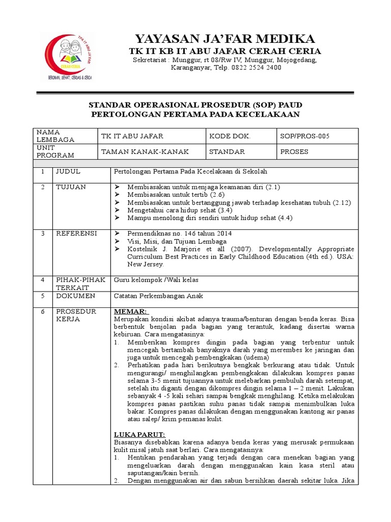 SOP Pertolongan Pertama Kecelakaan PAUD | PDF | Pengembangan Diri ...