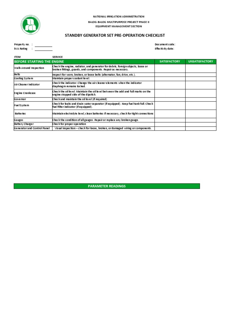 Standby Generator Pre-Operation Checklist | PDF | Electric Generator ...