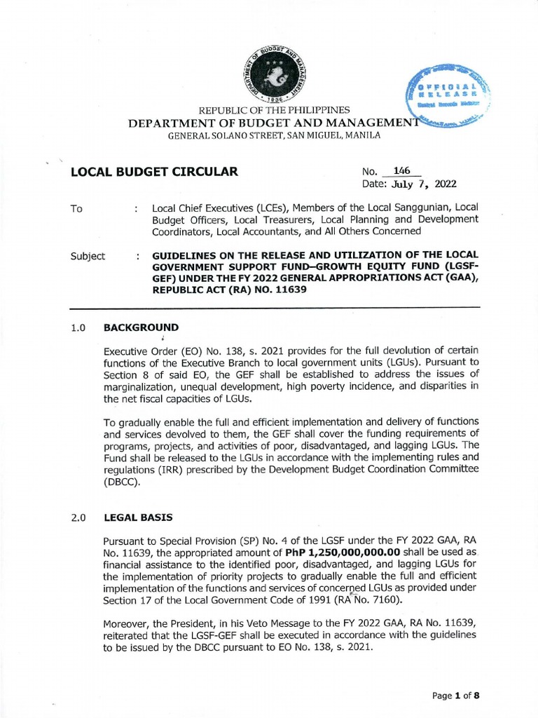 Local Budget Circular: Republic OF THE Philippines / Department OF ...