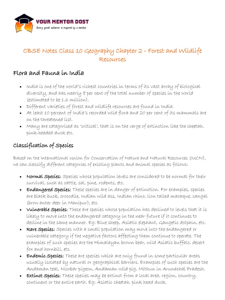 CBSE Notes Class 10 Geography Chapter 2 - Forest and Wildlife Resources ...