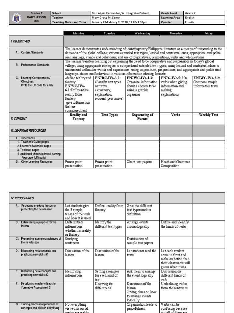 I objectives grades 7 daily lesson log school grade level teacher