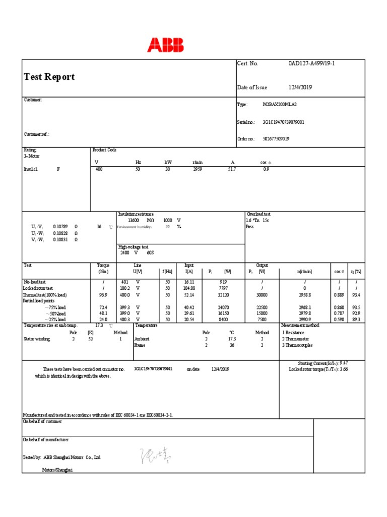 Motor Test Report for 3G1C1947073901 | PDF | Electric Motor | Electric ...