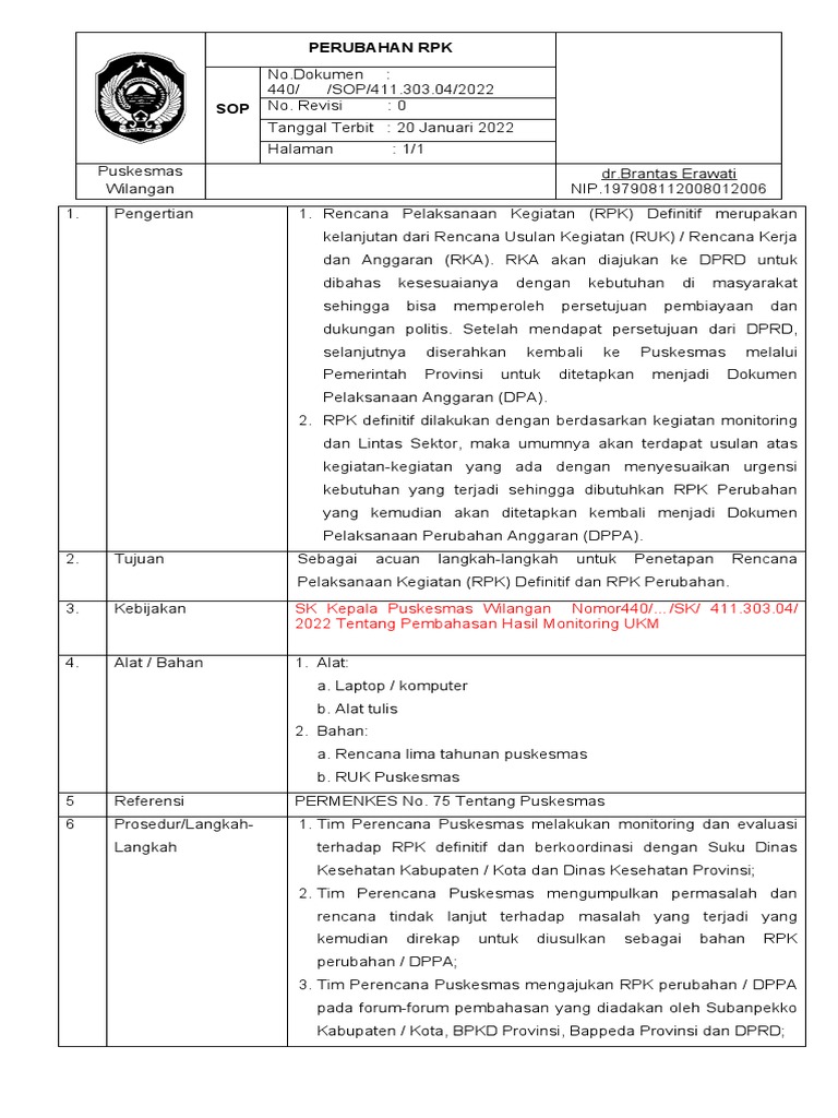 Sop Perubahan Rpk Pdf