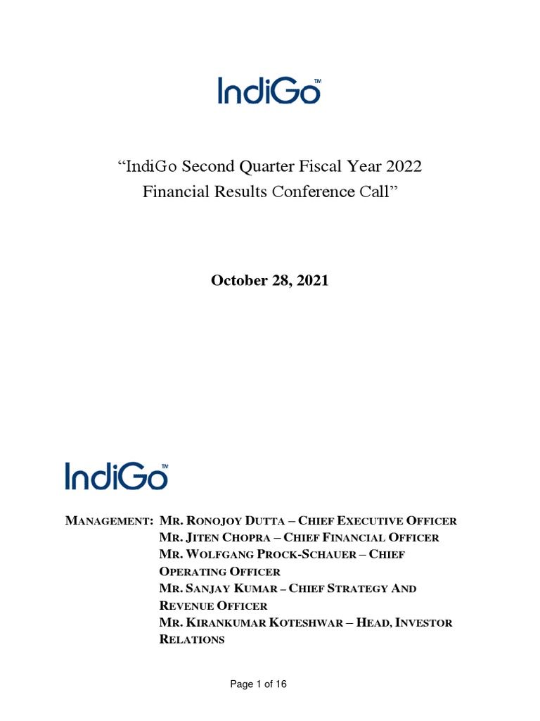 Earnings Call Transcript Q2 FY 22 PDF Airlines Low Cost Carrier