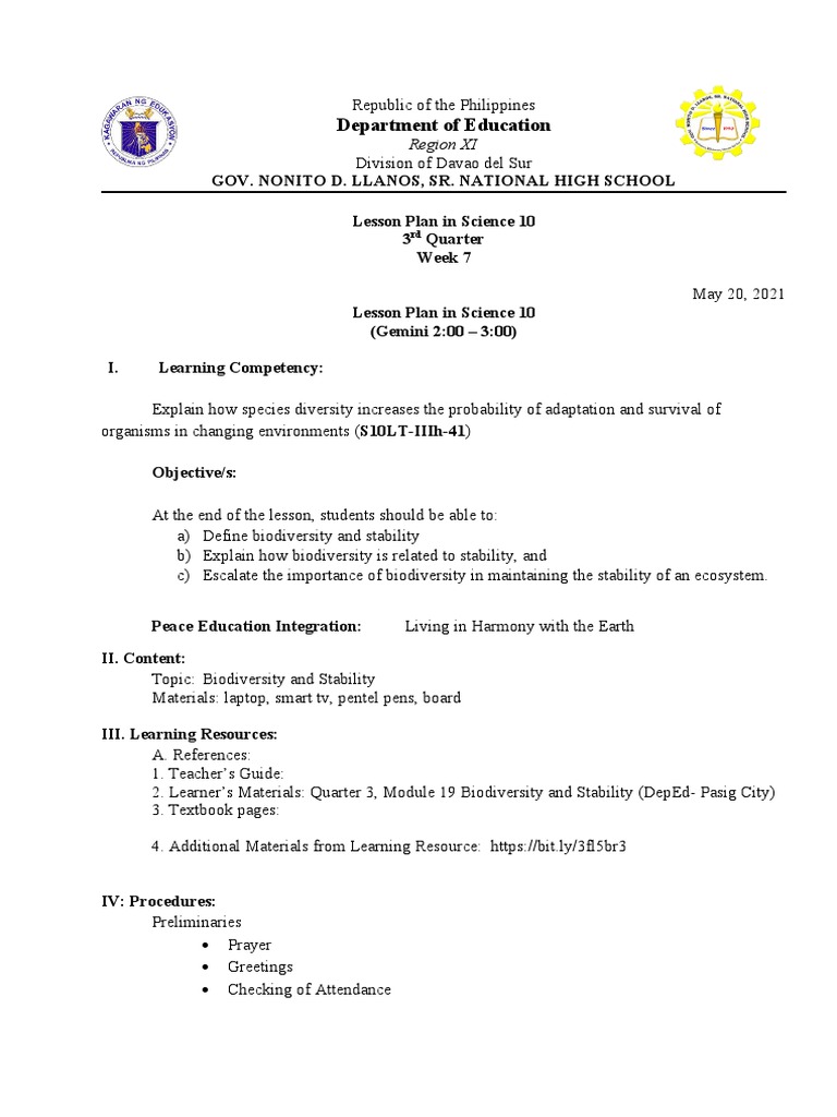 Biodiversity and Ecosystem Stability Lesson Plan | PDF | Ecosystem ...
