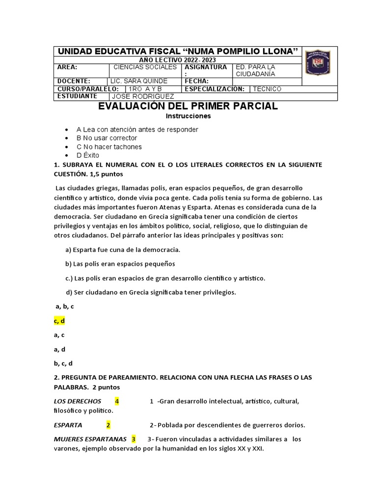 Prueba de Ciudadania 1ro Tec, 1er Parcial | PDF | Esparta | Esclavitud
