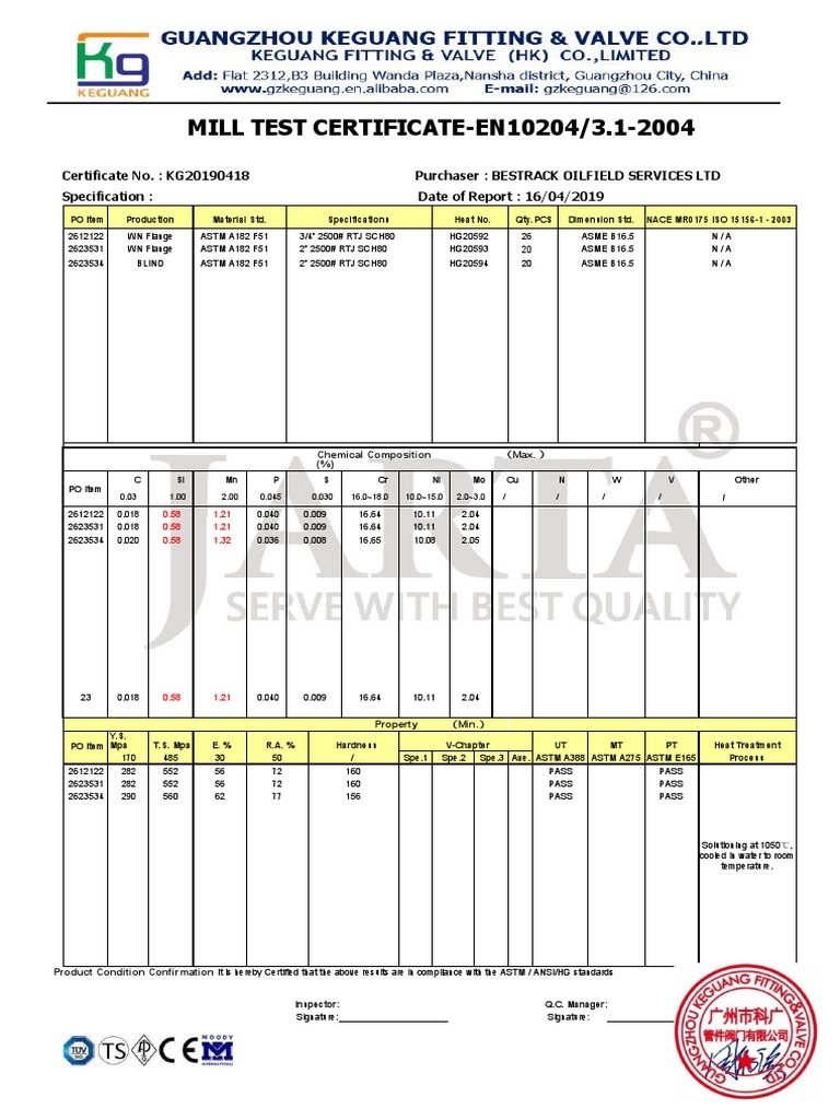 Mill test certificate en10204 3 1 2004 pdf mechanical engineering