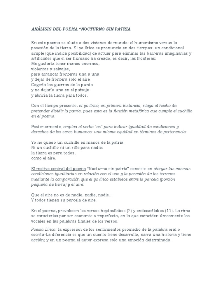 ANÁLISIS DEL POEMA Nocturno Sin Patria | PDF