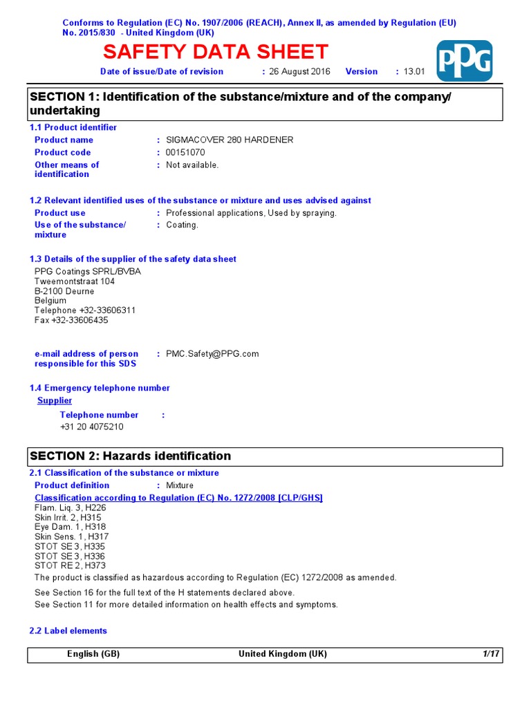 Sigmacover 280 Hardener MSDS PDF Safety Occupational Safety And