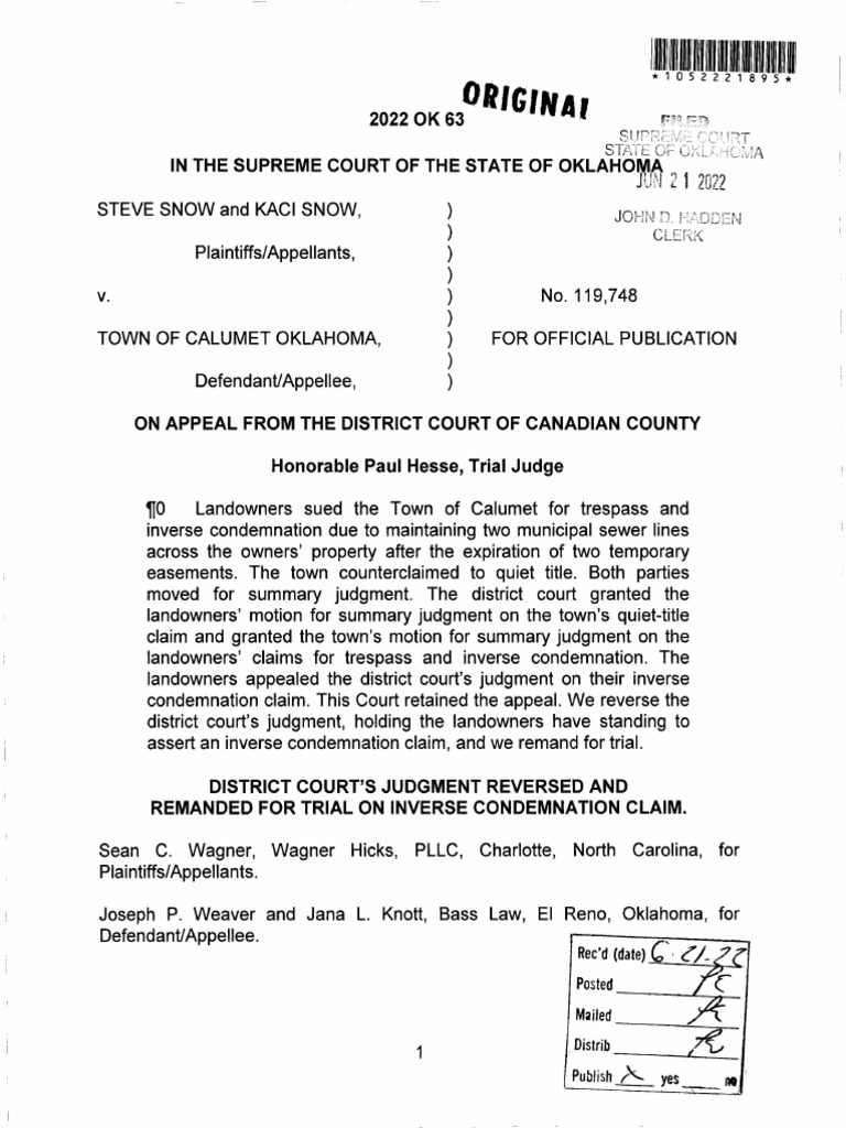 Snow v. Town of Calumet, No. 119,748 (Ok. June 21, 2022) PDF