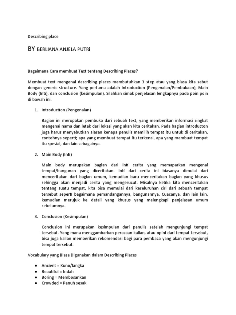 Panduan Descriptive Text Tempat | PDF | Seni & Disiplin Bahasa | Kajian ...